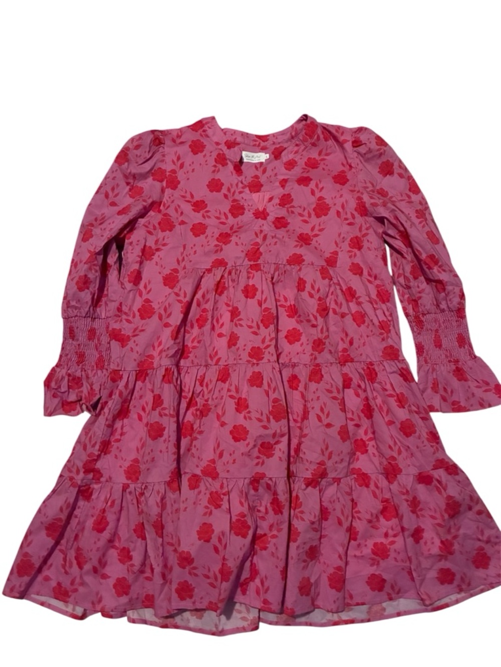 Pink Floral Tiered Long-Sleeve Dress with Smocked Cuffs